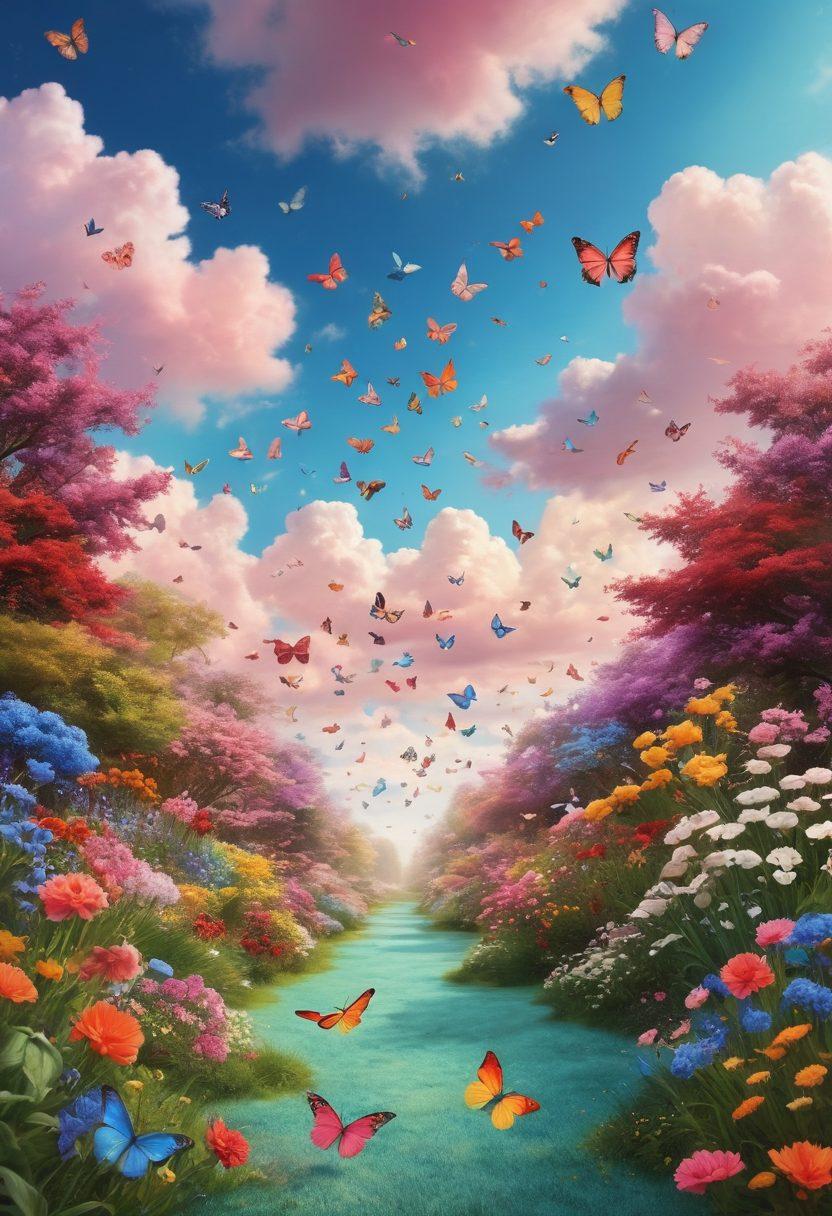 A dreamy landscape filled with colorful, quirky greeting cards floating in the air, surrounded by whimsical creatures like smiling clouds and playful butterflies. The sky is painted in pastel hues, with a gentle rainbow arching above. On the ground, a carpet of vibrant flowers adds to the charm, emanating warmth and affection. super-realistic. vibrant colors. dreamy atmosphere.