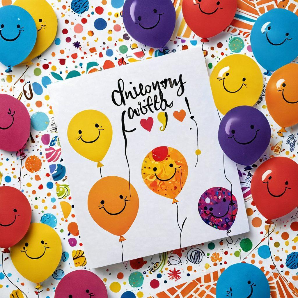 A colorful collection of ten whimsical greeting cards, each with a unique, humorous illustration that radiates joy and laughter. The cards are arranged playfully on a vibrant patterned table, with whimsical doodles and smiley faces surrounding them. Sunlight filters in, casting a warm glow, enhancing the cheerful atmosphere. Include elements like balloons and confetti in the background for added playfulness. vibrant colors. playful style. soft focus.