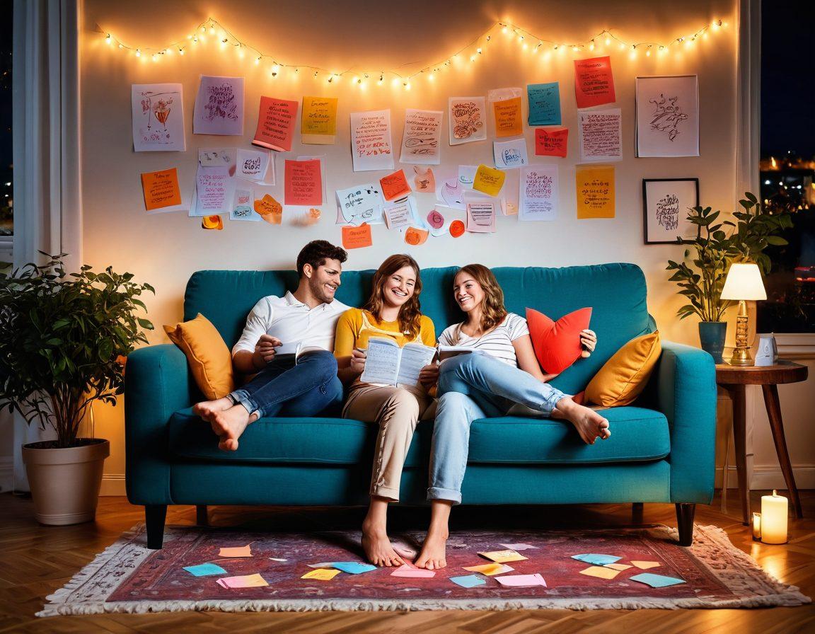 A whimsical scene of a couple sitting on a cozy couch surrounded by colorful love notes floating around them. Each note features playful drawings, heart shapes, and witty quotes, all illuminated by soft, warm lighting, creating an intimate atmosphere. The couple is smiling, with one partner playfully tossing a note in the air while the other reads one with a giggle. Background elements include a cozy living room with plants and fairy lights. vibrant colors. cozy vibe. cartoon style.